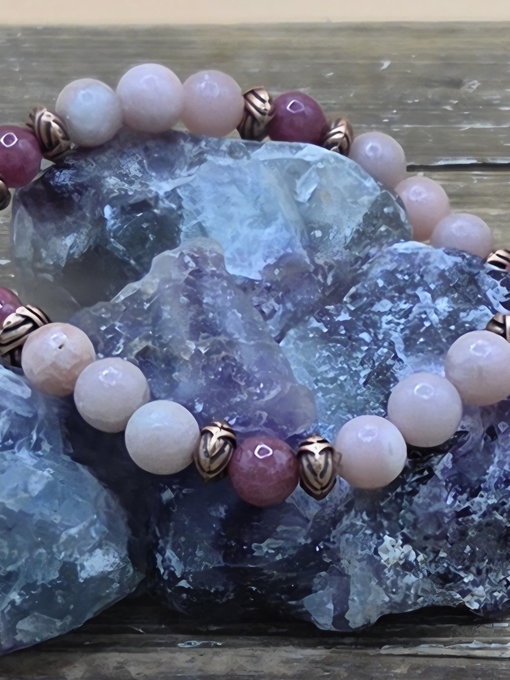 Pink Opal, Thulite And Copper Beaded Bracelet